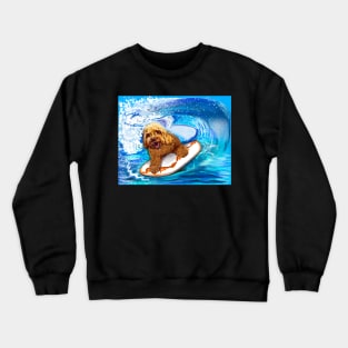 Cavapoo surfing puppy dog #002   - cavalier king charles spaniel poodleq, puppy love Crewneck Sweatshirt